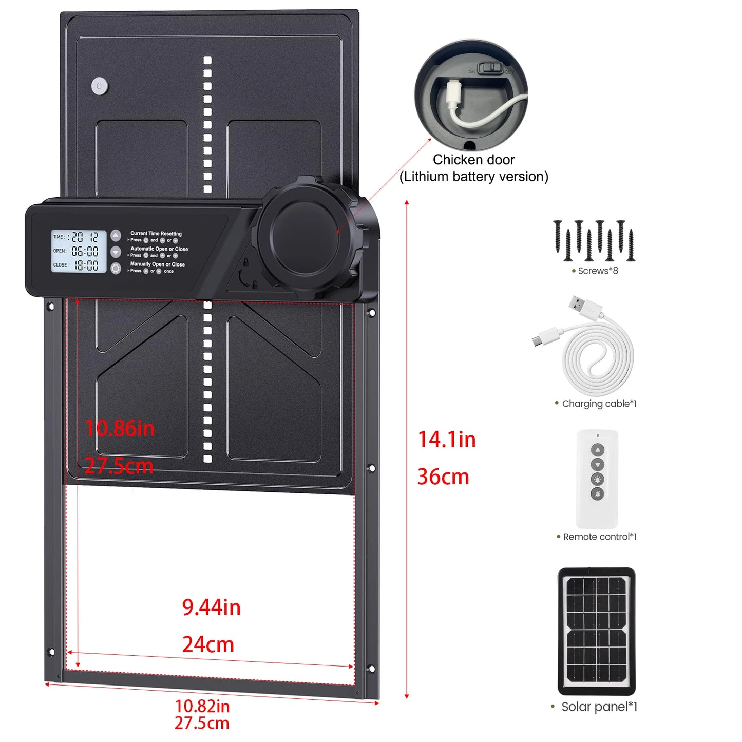 Automatic Pet Cat Dog Door Powere Weather-Resistant Light Sensor and Timer Remote Control and LCD Screen Solar Auto Chicken Door