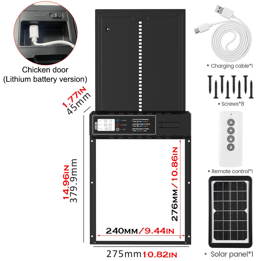 Automatic Pet Cat Dog Door Powere Weather-Resistant Light Sensor and Timer Remote Control and LCD Screen Solar Auto Chicken Door