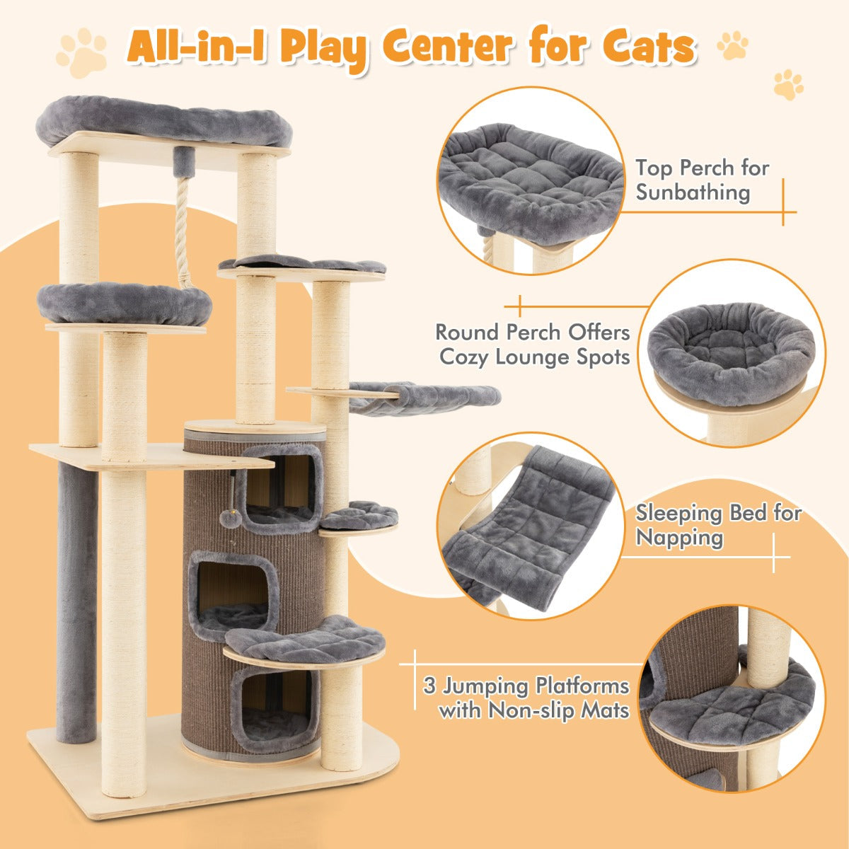 NNECW Multi-Level Cat Tree with 3-story Cat Condo & 2 Perches & Spring Ball-Grey