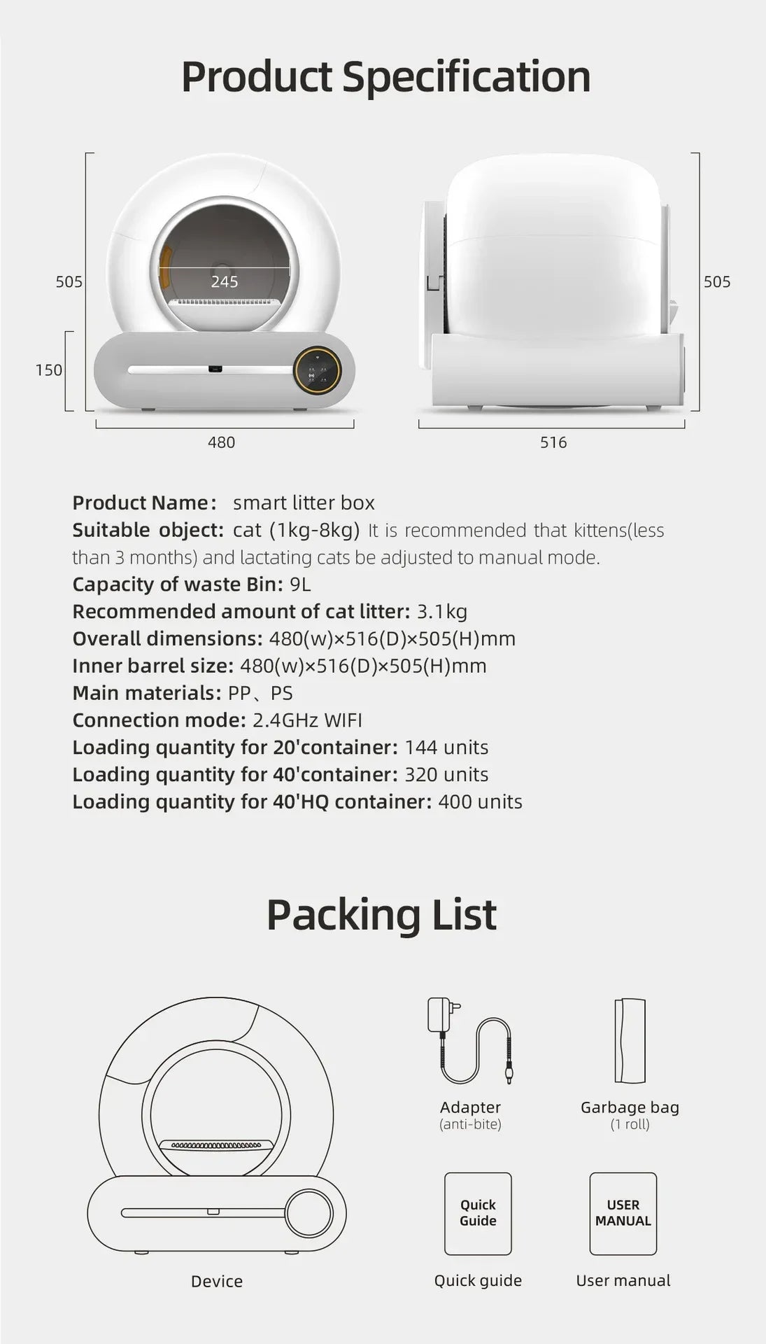 【English Version】Tonepie Automatic Smart Cat Litter Box Self Cleaning Fully Enclosed App Control Remove Odors Sandbox 65L