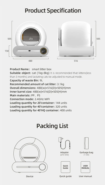 【English Version】Tonepie Automatic Smart Cat Litter Box Self Cleaning Fully Enclosed App Control Remove Odors Sandbox 65L