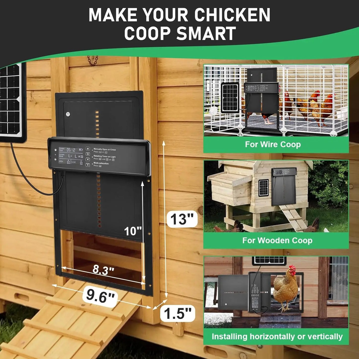 Automatic Pet Cat Dog Door Powere Weather-Resistant Light Sensor and Timer Remote Control and LCD Screen Solar Auto Chicken Door
