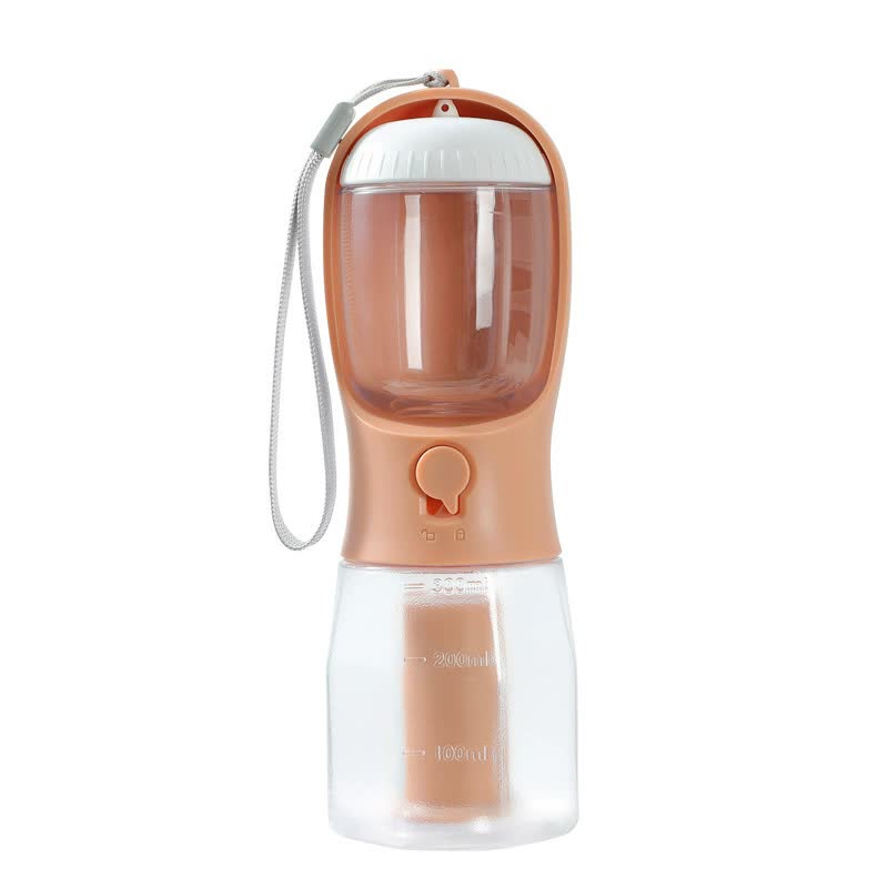NNEDSZ Orange 3-in-1 Portable Pet Water Bottle with Food Storage and Waste Bag Dispenser - 300mL Capacity