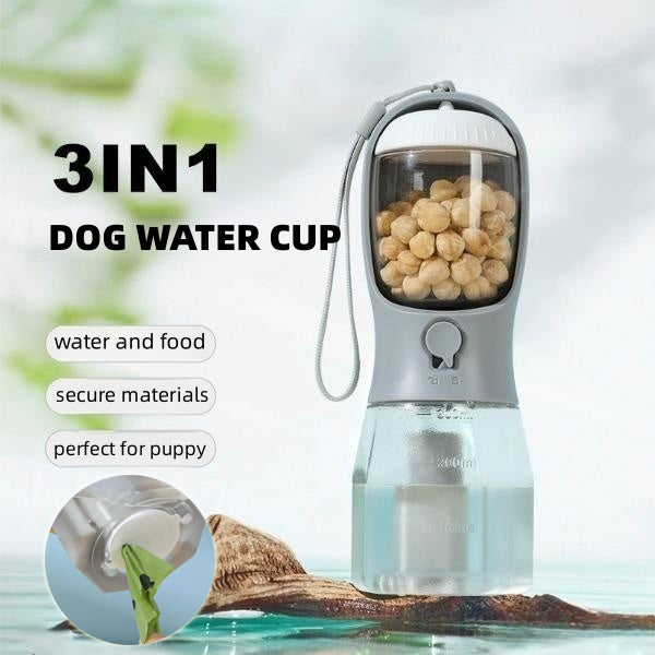 NNEDSZ Orange 3-in-1 Portable Pet Water Bottle with Food Storage and Waste Bag Dispenser - 300mL Capacity
