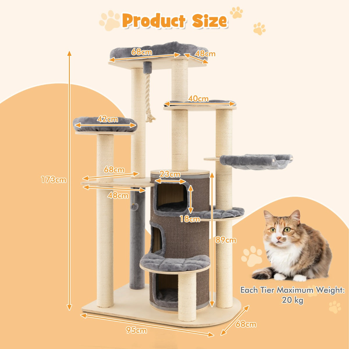 NNECW Multi-Level Cat Tree with 3-story Cat Condo &amp; 2 Perches &amp; Spring Ball-Grey