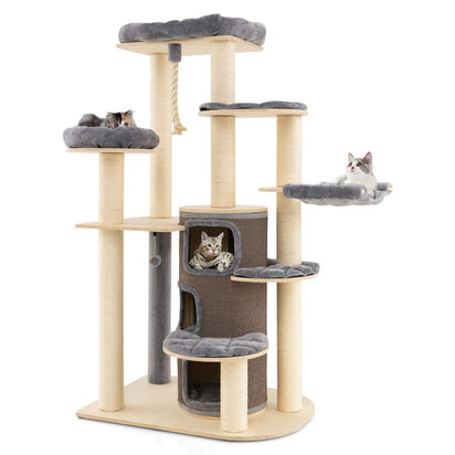 NNECW Multi-Level Cat Tree with 3-story Cat Condo & 2 Perches & Spring Ball-Grey