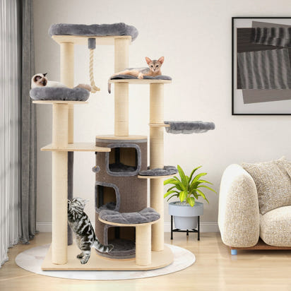 NNECW Multi-Level Cat Tree with 3-story Cat Condo & 2 Perches & Spring Ball-Grey