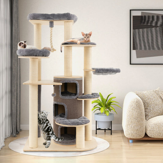 NNECW Multi-Level Cat Tree with 3-story Cat Condo &amp; 2 Perches &amp; Spring Ball-Grey