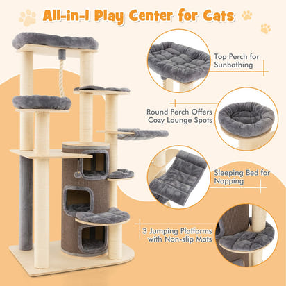 NNECW Multi-Level Cat Tree with 3-story Cat Condo & 2 Perches & Spring Ball-Grey