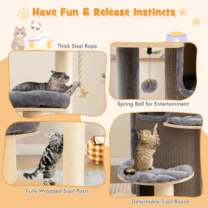 NNECW Multi-Level Cat Tree with 3-story Cat Condo & 2 Perches & Spring Ball-Grey