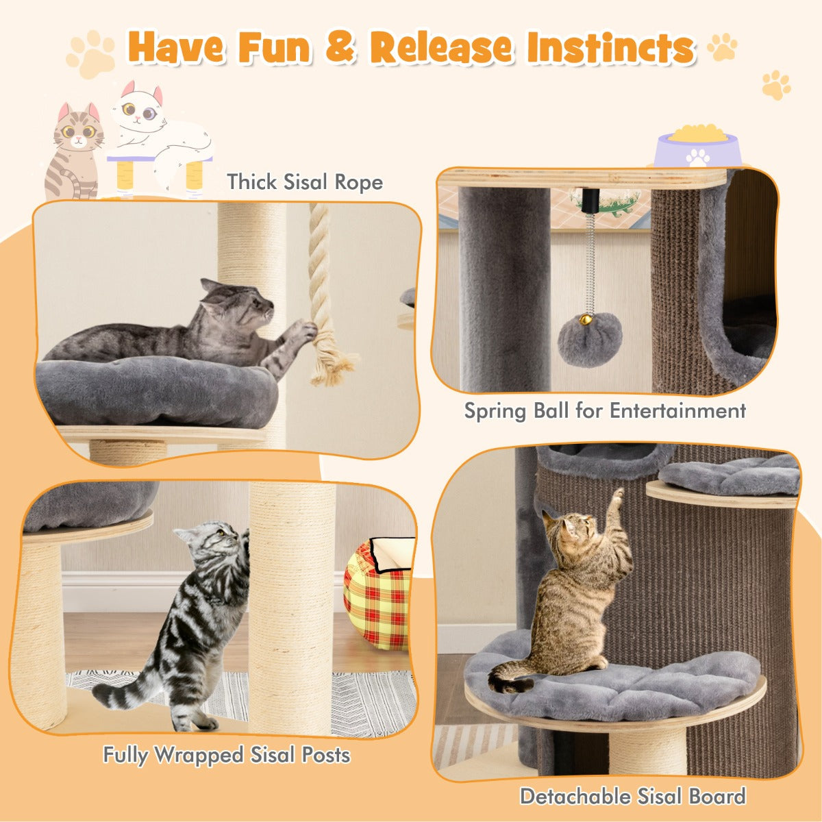 NNECW Multi-Level Cat Tree with 3-story Cat Condo &amp; 2 Perches &amp; Spring Ball-Grey